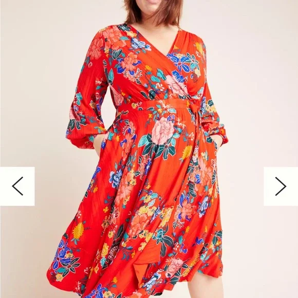 Anthropologie Red Floral Faux-Wrap Dress - Picture 3 of 9